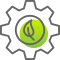 Icon of a green leaf inside a gear, symbolizing eco-friendly technology.