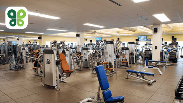 Gym with different types of workout equipment.